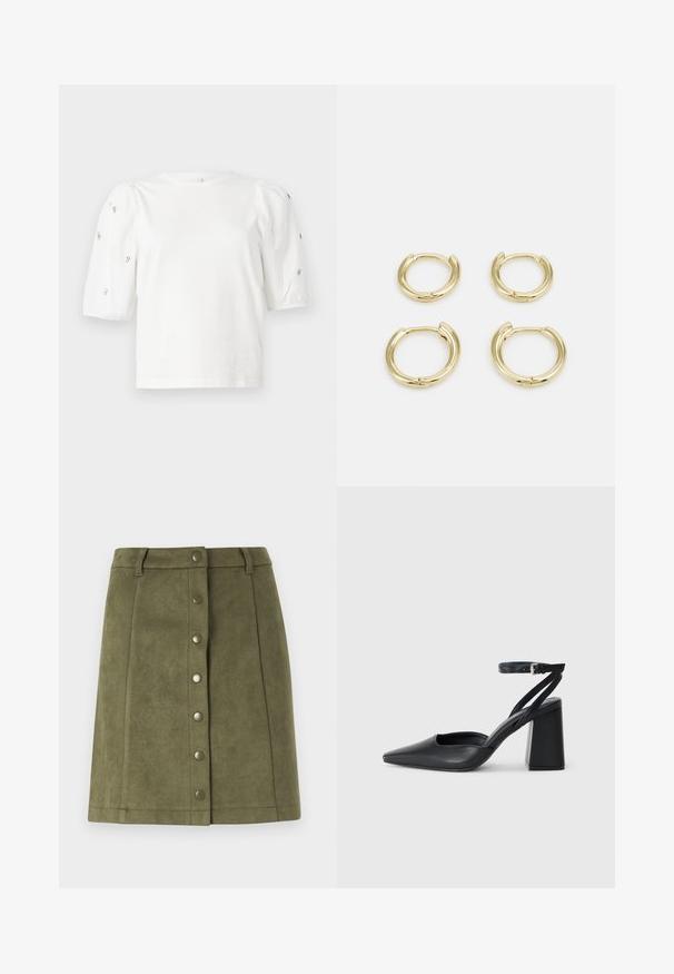 Balta kokvilnas t-kreklu ar īsām puff piedurknēm, ar nelieliem sudraba rotājumiem gar piedurknēm. Klasisks apaļš izgriezums, brīvā piegriezuma.; Olīvzaļš svārku no mīkstas zamšādas līdzīgas materiāla. Ar priekšējo pogu aizdari ar metāla pogām un taisnu piegriezumu.; Melna ādas augstpapēžu kurpe ar norakstīto purngala formu, potītes siksniņu un masīlu papēdi. Gluda tekstūra, elegants dizains un minimālisma estētika.; Zelta gredzenu auskari, četri gabali, gluda virsma, noapaļota forma, dažādu izmēru, ar eņģu aizdari ērtai valkāšanai.
