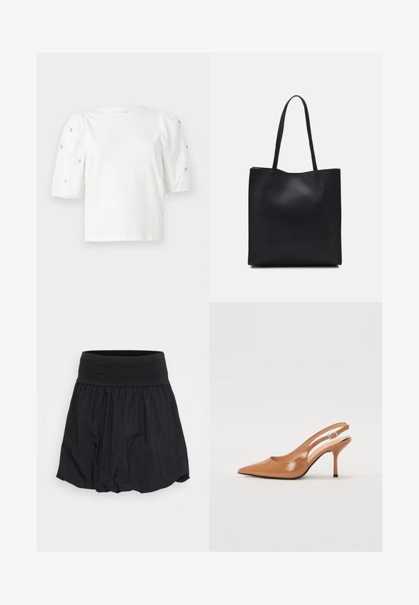 Camiseta de algodón blanca con mangas cortas tipo globo, que presenta pequeños adornos plateados en las mangas. Cuello redondo clásico, corte holgado.; La falda negra presenta una ancha cinturilla elástica y un diseño de tejido ligero y fruncido, creando una forma fluida con una textura sutil.; Zapato de tacón tipo slingback con punta afilada en un material suave y brillante de color marrón. Presenta un diseño con corte curvado y un tacón de aguja delgado. Detalle de hebilla plateada.; Bolso tote de cuero negro con textura lisa, forma rectangular y dos asas largas. Sin herrajes ni adornos visibles.