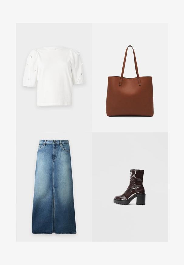 Balta medvilnės marškinėliai trumpomis pūstomis rankovėmis, papuošti mažomis sidabrinėmis detalėmis ant rankovių. Klasikinis apvalus iškirpimas, laisvas siluetas.; Džinsinė sijonas šviesiai tamsiai mėlynu gradientu, su priekine skyle, standartiniu juosmeniu ir tiesiu kirpimu su apvadu.; Blizgus burgundių spalvos kulknapis su tankiu juodu kulnu, pasižymintis lygiu paviršiumi ir paprastu dizainu. Nėra matomų užsegimų ar raštų.; Ruda odinė priekabų krepšys su glotnia tekstūra, atviru viršumi ir dviem petnešomis. Su minimalia siuvimo detalėmis ir nematoma aparatūra.