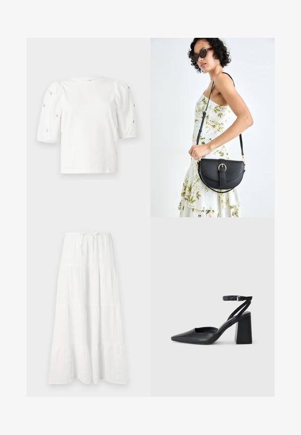 Valge puuvillane T-särk lühikeste puffkäistega, millel on väikesed hõbedased kaunistused käiste servades. Klassikaline ümmargune kaelus, vaba ja mugav lõige.; Valge pikk seelik, mis on valmistatud tekstureeritud kangast, millel on horisontaalsed kihid ja reguleeritav vöökoht sobivuse jaoks. Sile ja voolav disain.; Mustmustest must-käigukingad, millel on konksuga nöör ja paks konts. Ühtlane tekstuur, stiilne disain ja minimalistlik esteetika.; Mustmust mustraha kõverate joontega, eemaldatava rihmaga ja kuldsete detailidega. Kotil on klapp, millel on pandladetail.