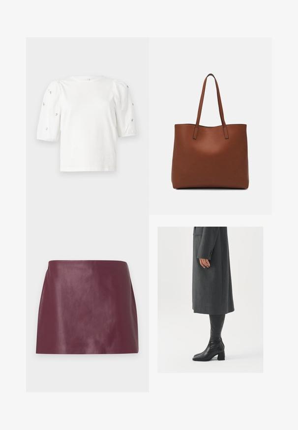 T-shirt en coton blanc à manches courtes bouffantes, avec de petites embellissements en argent le long des manches. Encolure arrondie classique, coupe décontractée.; Mini jupe en cuir bordeaux lisse avec une coupe droite et sans embellissements ni fermetures visibles.; Manteau gris taillé à coupe droite ; associé à des bottes en cuir noir jusqu'au genou avec un bout carré et un talon épais.; Sac fourre-tout en cuir marron avec une texture lisse, design à ouverture supérieure et deux poignées pour le porter à l'épaule. Présente des coutures minimales et aucun matériel visible.