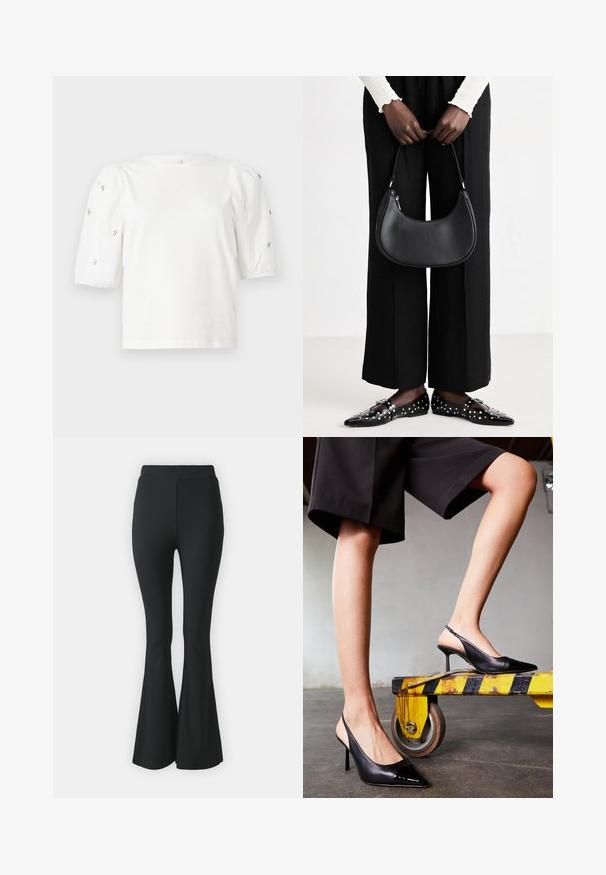 Valkoinen puuvillainen t-paita lyhyillä puffihihnoilla, joissa on pieniä hopeisia koristeita hihojen varrella. Klassinen pyöreä kaula-aukko, rento malli.; Musta levenevä housut, jotka on valmistettu joustavasta kankaasta. Ominaisuuksia ovat korkea vyötärö ja sileä, istuva muotoilu, joka levenee polvista alaspäin.; Mustat slingausta kengät, joissa on teräväkkäinen kärki ja kiiltävä patenttikorko. Stiletto-korko, sileä nahkasuunnittelu ja minimalistinen siluetti.; Mustapohjainen nahkalaukku, jolla on pyöreä muoto, kiiltävä pinta ja hopeiset varusteet. Henkilöllä on päällään mustat leveälahkeiset housut ja niittilapaset.