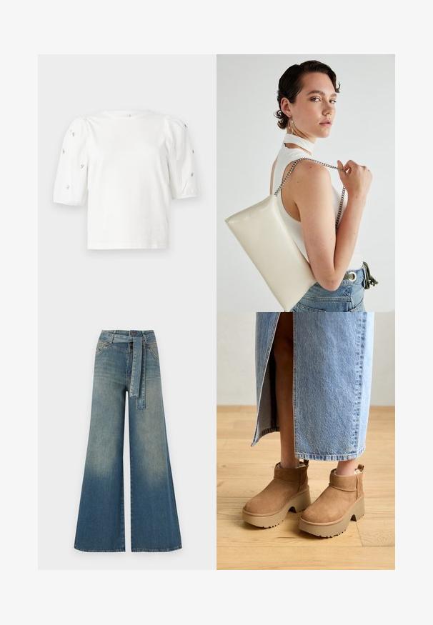 Balta medvilnės marškinėliai trumpomis pūstomis rankovėmis, papuošti mažomis sidabrinėmis detalėmis ant rankovių. Klasikinis apvalus iškirpimas, laisvas siluetas.; Platus džinsinis kelnes su šviesiai tamsiai mėlynu gradientu, aukštu juosmeniu, diržo kilpomis ir atitinkančiu audinio diržu. Textūruotas džinsinis paviršius.; Rudi suedinės aulinukai iki kulknelio su storu smėlio spalvos platformos padu. Yra apvalus nosies dizainas, trumpas kraštas ir minkšta pamušalas komfortui.; Balta, stačiakampio formos rankinė pagaminta iš blizgaus medžiagos, su sidabriniu virvute. Modelis pozavo, demonstruodamas rankinę prieš paprastą foną.