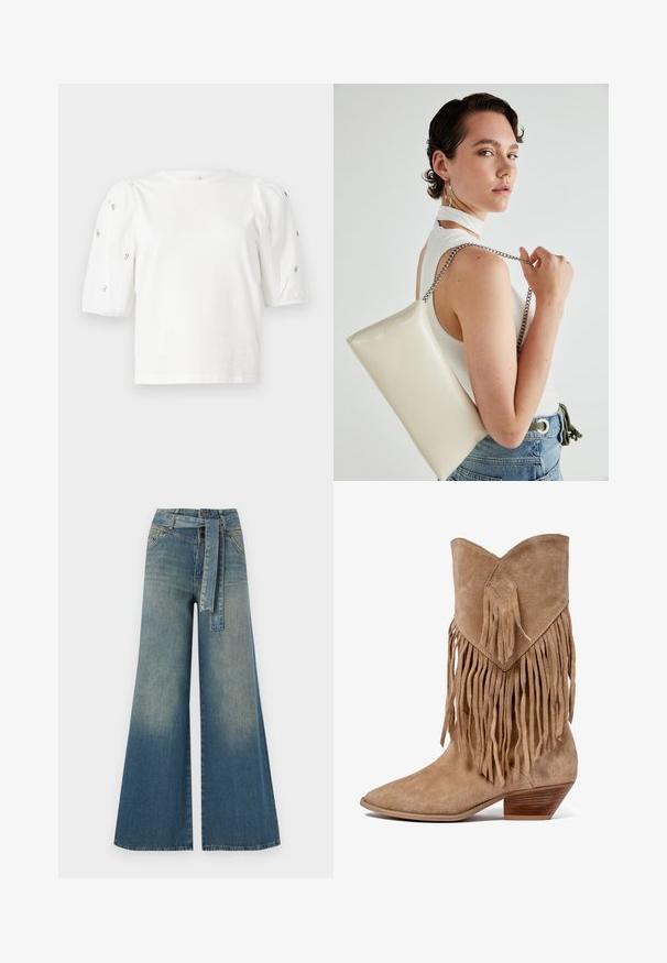 White cotton t-shirt with short puff sleeves, featuring small silver embellishments along the sleeves. Classic round neckline, relaxed fit.; Wide-leg denim trousers featuring a light to dark blue gradient, high waist, belt loops, and a matching fabric belt. Textured denim finish.; Tan suede cowboy boot with fringed accents, pointed toe, and a low stacked heel. Features a diamond-shaped patch on the cuff.; White rectangular clutch bag made of glossy material, featuring a silver chain strap. Model poses, showcasing the bag against a plain background.