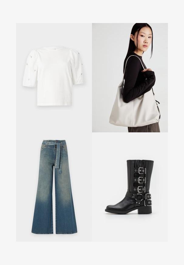 Balta medvilnės marškinėliai trumpomis pūstomis rankovėmis, papuošti mažomis sidabrinėmis detalėmis ant rankovių. Klasikinis apvalus iškirpimas, laisvas siluetas.; Platus džinsinis kelnes su šviesiai tamsiai mėlynu gradientu, aukštu juosmeniu, diržo kilpomis ir atitinkančiu audinio diržu. Textūruotas džinsinis paviršius.; Juoda odinė batai su aukšta ašimi, turintys kelis sidabro sagtis ir juostas, apvalų akcentą ir masyvų kulną. Matinis paviršius.; Bežinė rankinė, pagaminta iš minkštos medžiagos, turinti laisvą dizainą, siuvinėtas detalės ir dvi petnešos. Tinkama kasdieniam naudojimui.