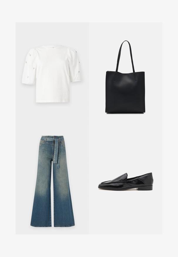 Hvit bomull T-skjorte med korte pufferm, med små sølvdekorasjoner langs ermene. Klassisk rund hals, avslappet passform.; Bredde ben jeans med en lyseblå til mørkeblå gradient, høyt liv, beltehemper og et matchende belte i samme stoff. Teksturert denimoverflate.; Sorte skinnloafers med en glatt overflate, med en sydd design langs frontkanten og en lav, kvadratisk hæl.; Svart lær tote bag med glatt tekstur, rektangulær form og to lange håndtak. Ingen synlige deler eller dekorasjoner.