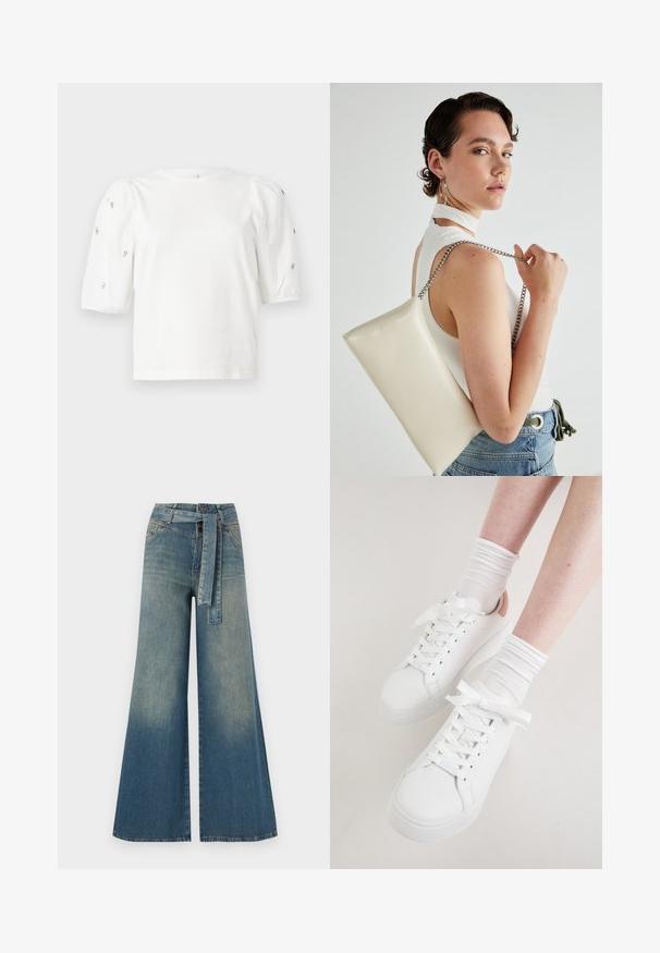 Tricou alb din bumbac cu mâneci scurte tip bufantă, având mici embellisheuri argintii pe mâneci. Decolteu clasic rotund, croială lejeră.; Pantaloni din denim largi, cu un gradient de la albastru deschis la albastru închis, talie înaltă, bucle pentru curea și o curea din același material. Finisaj texturat din denim.; Sneakers din piele albă au un vârf rotund, talpă plată și șireti groși. Sunt accentuate cu un toc roz pal și sunt purtate cu șosete albe cu dungi.; Geantă de clutch rectangulară albă, realizată dintr-un material lucios, având o curea de lanț argintie. Modelul pozează, evidențiind geanta pe un fundal simplu.