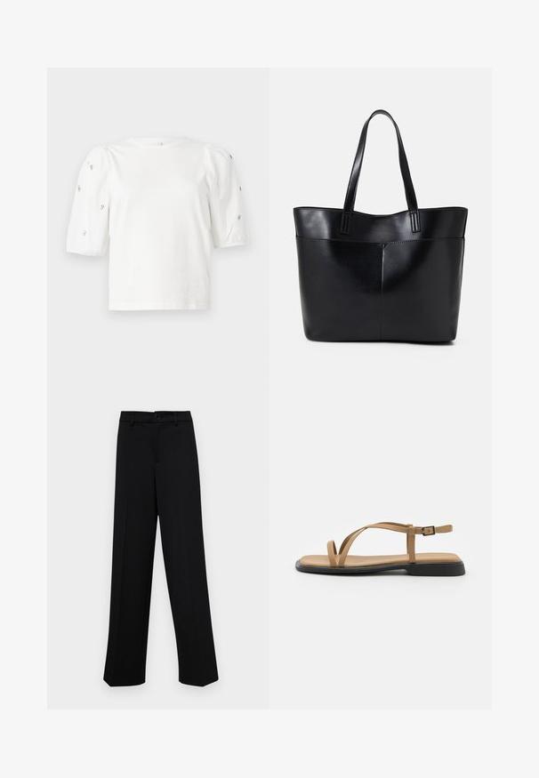 White cotton t-shirt with short puff sleeves, featuring small silver embellishments along the sleeves. Classic round neckline, relaxed fit.; Black wide-leg trousers made of smooth fabric, featuring a classic waistband with a button closure and front pleats.; Tan flat sandal with two thin straps crossing over the foot and a buckle ankle strap. Features a smooth leather-like upper and a black sole.; Black leather tote bag with two long handles, a smooth texture, and a structured shape. Features a front pocket for additional storage.