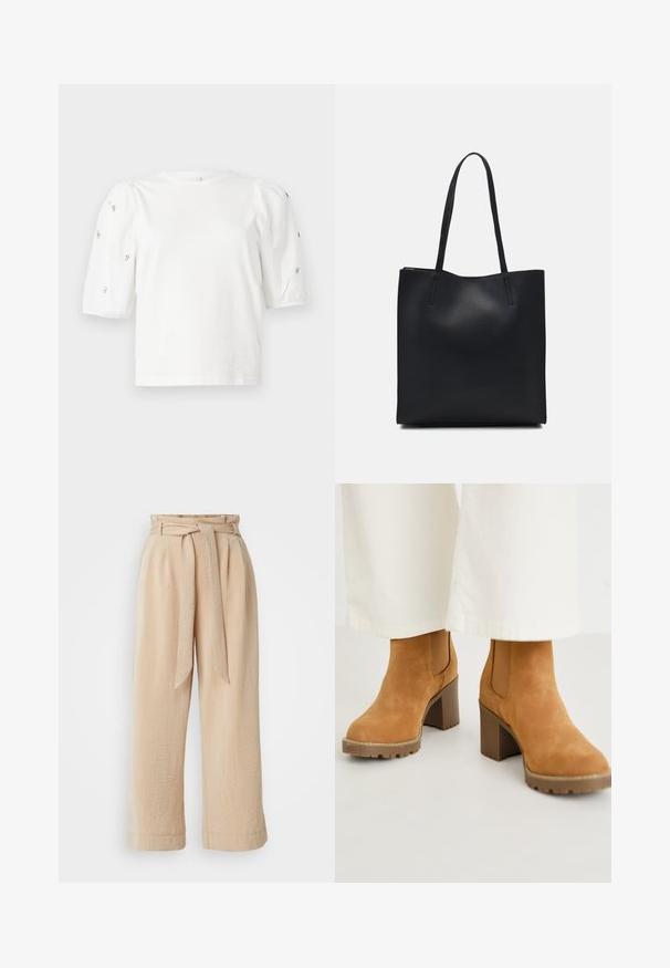 Balta kokvilnas t-kreklu ar īsām puff piedurknēm, ar nelieliem sudraba rotājumiem gar piedurknēm. Klasisks apaļš izgriezums, brīvā piegriezuma.; Beiza plaša kāju bikses ar siksnu viduklī, izgatavotas no strukturētas auduma. Iekļauj priekšējo krokā un gludu apdari gar apakšu.; Kastanis krāsas zamšādas potīšu zābaki ar masīvu blokveida papēdi, kas aprīkoti ar elastīgiem sānu paneļiem un cieta zole labākai saķerei. Tekstūrēta virsma ar šuvju detaļām.; Melnas ādas somiņa ar gludu tekstūru, taisnstūra formu un divām garām rokturiem. Nav redzamu aparatūras vai rotājumu.