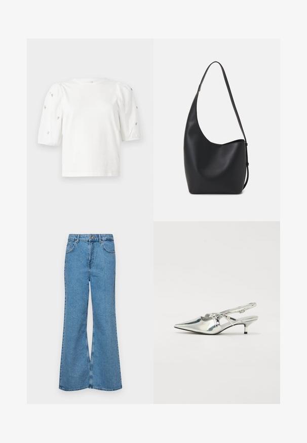 Fehér pamut póló rövid puffos ujjakkal, a ujjain kicsi ezüst díszítések találhatók. Klasszikus kerek nyakú, laza fazonú.; Világoskék, trapézszárú farmernadrág, magas derékkal, öt zsebbel és egy gombos záródással. Puha tapintású, magasított effektusú anyag.; Ezüst fémes slingback cipők hegyes orral, alacsony küllős sarokkal és pántos részletekkel az elején. Sima, fényes felület.; Fekete bőr hobo táska sima textúrával, ívelt formával és egyetlen állítható pánttal; széles nyílás található a tetején.