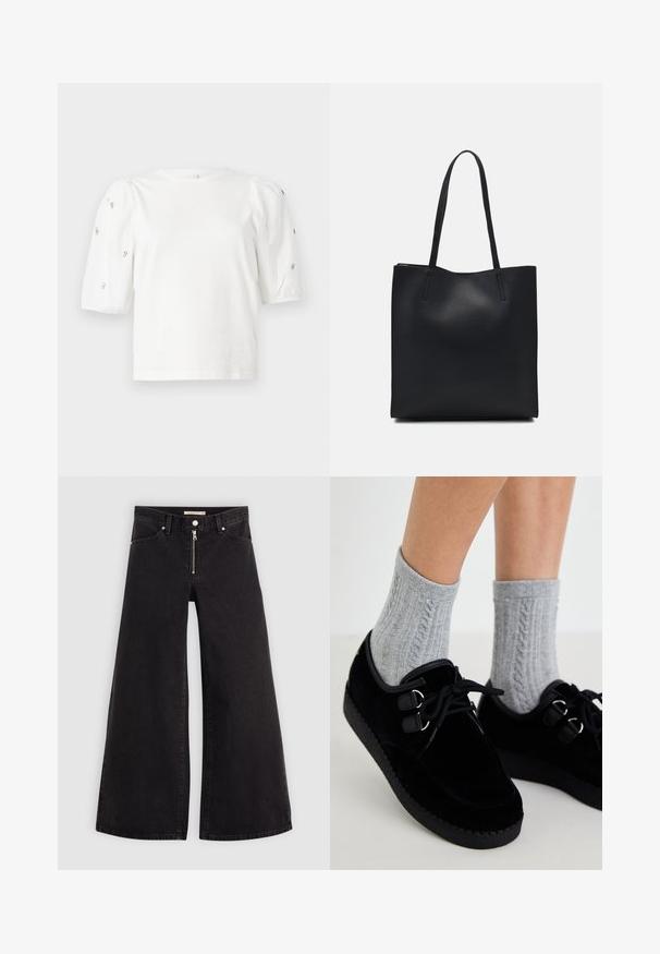 Valge puuvillane T-särk lühikeste puffkäistega, millel on väikesed hõbedased kaunistused käiste servades. Klassikaline ümmargune kaelus, vaba ja mugav lõige.; Laiad teksad mustast denimist, millel on lukuga eesmine osa, viie taskuga disain ja peened õmblusdetailid. Sile tekstuur ja juhuslik stiil.; Mustad sametjalatsid, lame tallaga, ümmarguse ninaga ja topeltaukudega. Kantud hallide kootud sokkidega. Sile tekstuur ja lihtne disain.; Mustast nahast kott sujuva tekstuuriga, ristkülikukujuline ja kahe pika sangaga. Pole nähtavat riistvara ega kaunistusi.