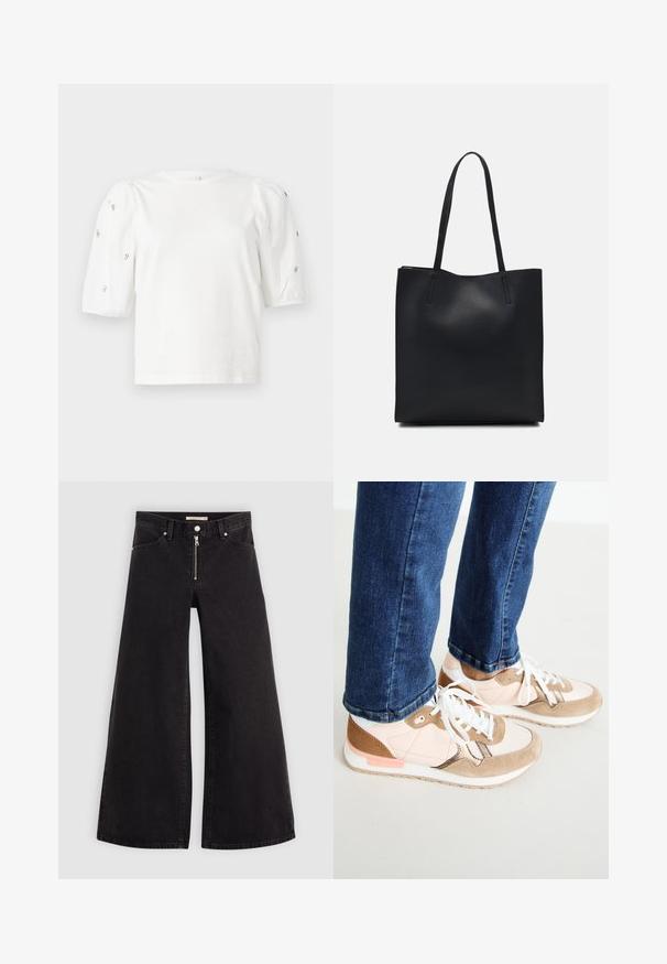 T-shirt branca de algodão com mangas puff curtas, apresentando pequenos embellissements prateados ao longo das mangas. Decote redondo clássico, corte descontraído.; Calças de ganga de perna larga em denim preto com fecho éclair à frente, design de cinco bolsos e detalhes de costura subtil. Textura suave e estilo casual.; Ténis com uma combinação de pele rosa claro e camurça bege, apresentando atacadores brancos, uma entressola branca e uma sola de borracha texturizada. Os jeans de denim são ligeiramente cortados acima do sapato.; Bolsa tote preta em couro com textura lisa, forma retangular e duas alças longas. Sem hardware ou enfeites visíveis.