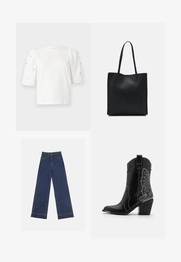 Bela bombažna majica s kratkimi rokavi s pufastimi rokavi, ki ima majhne srebrne okrase vzdolž rokavov. Klasičen okrogel izrez, sproščen kroj.; Široke traperice v temno modrem denimu. Imajo pet žepov, zanke za pas in surov rob na dnu z vidnimi šivi.; Črne usnjene kavbojske čevlje z belim šivanjem in okrasnim dizajnom ob straneh. Peto je debela in teksturirana, z metalnim okrasom.; Črna usnjena torba s svilnato teksturo, pravokotne oblike in dvema dolgima ročajema. Brez vidnih metalnih delov ali okrasnih elementov.