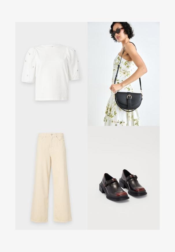 T-shirt branca de algodão com mangas puff curtas, apresentando pequenos embellissements prateados ao longo das mangas. Decote redondo clássico, corte descontraído.; Jeans de perna larga bege feitos de algodão. Apresentam um fecho de botão, passadores para cinto e bolsos frontais com uma textura lisa e suave.; Sapatos de tacão bloco em couro com acabamento brilhante em bordeaux escuro, apresentando uma tira com fivela e design de bico arredondado. Sola texturizada para melhor aderência.; Bolsa de couro preta com forma curva, alça destacável e detalhes em dourado. A bolsa possui uma aba com detalhe de fivela.