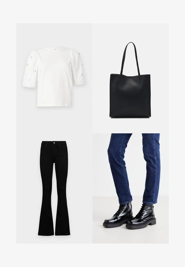 Bijela pamučna majica s kratkim puf rukavima, s malim srebrnim ukrasima duž rukava. Klasičan okrugli izrez, opušteni kroj.; Crne traperice viskog struka s kopčanjem na gumb i rajfeslusu, prednjim džepovima i širom nogavicama položene su ravno na bijeloj pozadini.; Crne sjajne čizme do gležnjeva sa debelim đonom, s glatkom teksturom i zaobljenim prstima, nosene s tamnoplavim uskim farmerkama.; Crna kožna torba za nošenje s glatkom teksturom, pravokutnim oblikom i dvije duge ručke. Nema vidljivih metalnih dijelova ili ukrasa.