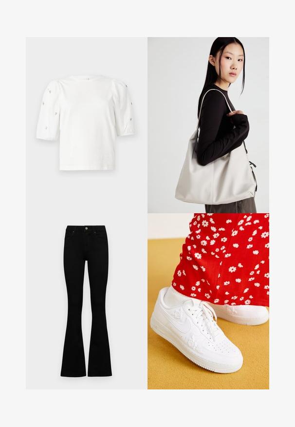 Tricou alb din bumbac cu mâneci scurte tip bufantă, având mici embellisheuri argintii pe mâneci. Decolteu clasic rotund, croială lejeră.; Jeans negri cu talie înaltă, cu închidere prin nasture și fermoar, buzunare frontale și picioare evazate, așezați pe un fundal alb.; Tenisi alba din piele, cu detalii embosate cu flori, vârf rotund și talpă din cauciuc texturat. Asortați cu pantaloni roșii cu imprimeu floral alb.; Geantă bej din material moale, cu un design lejer, detalii cusute și două bretele pentru umăr. Potrivită pentru utilizarea zilnică.