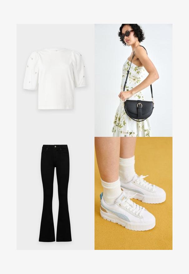 White cotton t-shirt with short puff sleeves, featuring small silver embellishments along the sleeves. Classic round neckline, relaxed fit.; Black high-waist jeans with a button and zip closure, front pockets, and flared legs laid flat on a white background.; Puma MAYZE - Trainers - white/turquoise surf; Black leather handbag with a curved shape, detachable strap, and gold hardware. The bag features a flap with a buckle detail.