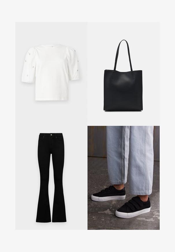 Tricou alb din bumbac cu mâneci scurte tip bufantă, având mici embellisheuri argintii pe mâneci. Decolteu clasic rotund, croială lejeră.; Jeans negri cu talie înaltă, cu închidere prin nasture și fermoar, buzunare frontale și picioare evazate, așezați pe un fundal alb.; Adidași negri din corduroy cu trei benzi Velcro și un material texturat. Sole albe din cauciuc cu profil joasă. Purtați cu pantaloni scurți de culoare albastră deschis.; Geantă tote neagră din piele, cu textură netedă, formă rectangulară și două mânere lungi. Fără hardware vizibil sau ornamente.