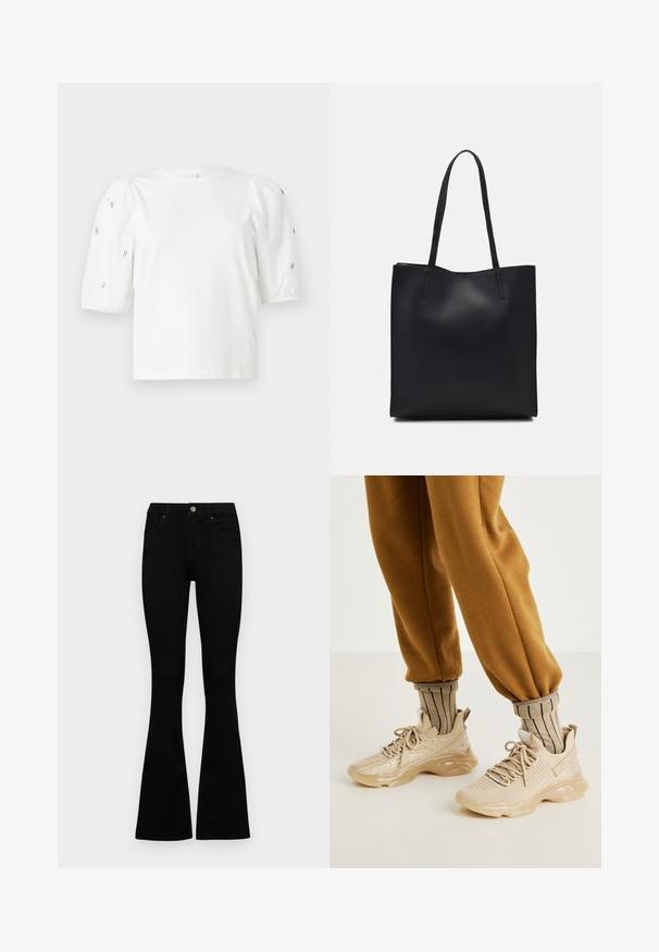 Bílý bavlněný tričko s krátkými nabíranými rukávy, zdobené malými stříbrnými detaily podél rukávů. Klasický kulatý výstřih, volný střih.; Černé vysoké džíny s knoflíkem a zipovým zapínáním, předními kapsami a rozšířenými nohavicemi, ležící na bílé podložce.; Béžové sportovní boty s síťovaným svrškem, dekoračními třpytkami a silnou gumovou podrážkou. V kombinaci se pruhovanými béžovými ponožkami a hnědými jogger kalhotami.; Černá kožená taška přes rameno s hladkým povrchem, obdélníkovým tvarem a dvěma dlouhými uchy. Žádné viditelné kování ani ozdoby.