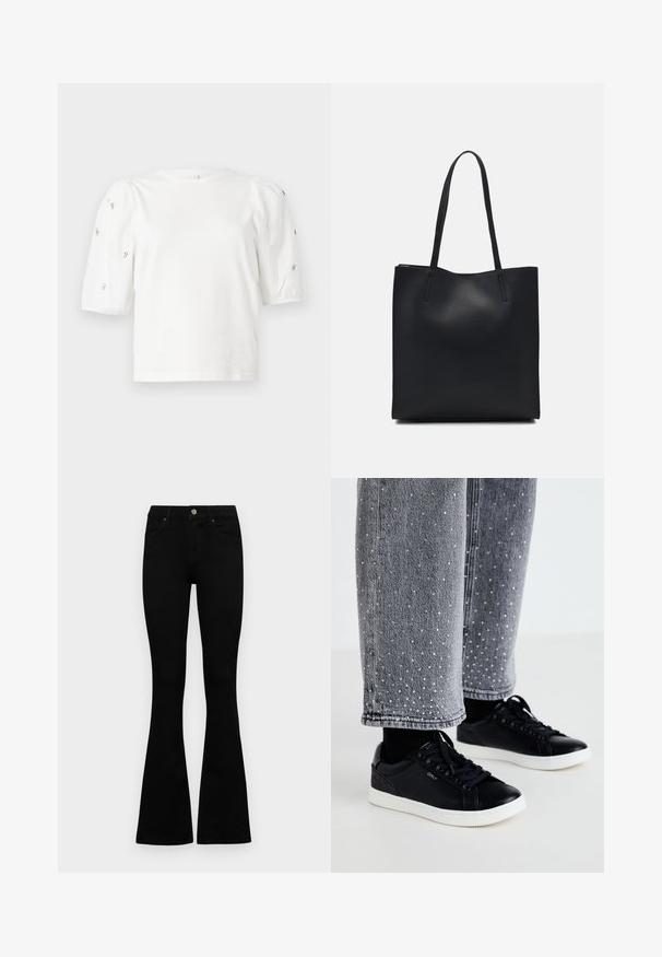 Biela bavlnená tričko s krátkymi volánovými rukávmi, zdobené malými striebornými ozdobami pozdĺž rukávov. Klasický okrúhly výstrih, voľný strih.; Čierne vysoké nohavice s gombíkom a zipsom, predné vrecká a rozšírené nohavice položené na bielom pozadí.; Čierne kožené tenisky s bielymi gumovými podrážkami a textúrovanými akcentmi. Skombinované so šedými džínsami, ktoré sú zdobené striebornými bodkami.; Čierna kožená taška na rameno s hladkým povrchom, obdĺžnikovým tvarom a dvoma dlhými uchami. Bez viditeľného kovania alebo ozdôb.