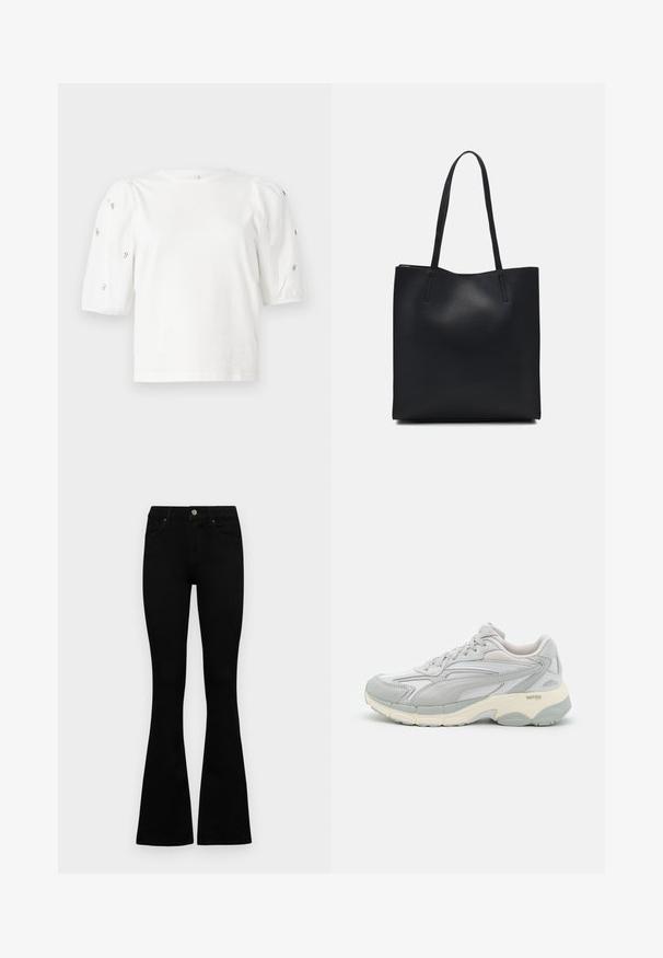 Tricou alb din bumbac cu mâneci scurte tip bufantă, având mici embellisheuri argintii pe mâneci. Decolteu clasic rotund, croială lejeră.; Jeans negri cu talie înaltă, cu închidere prin nasture și fermoar, buzunare frontale și picioare evazate, așezați pe un fundal alb.; Sneaker sportiv gri deschis, cu un amestec de materiale netede și texturate, design elegant, sistem de prindere cu șireturi și talpă în două nuanțe.; Geantă tote neagră din piele, cu textură netedă, formă rectangulară și două mânere lungi. Fără hardware vizibil sau ornamente.