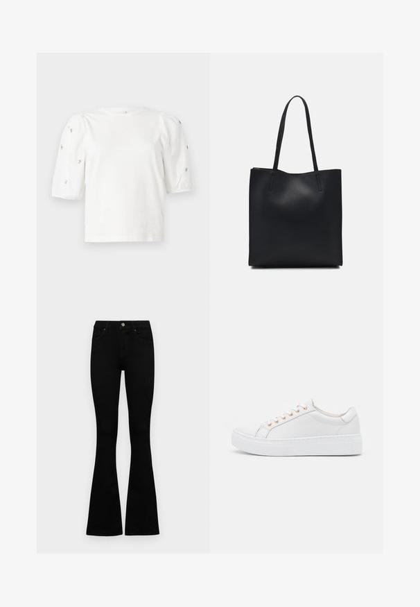 White cotton t-shirt with short puff sleeves, featuring small silver embellishments along the sleeves. Classic round neckline, relaxed fit.; Black high-waist jeans with a button and zip closure, front pockets, and flared legs laid flat on a white background.; White sneaker with smooth leather upper, round toe, and thick white sole. Features six gold eyelets for laces and subtle side stitching.; Black leather tote bag with smooth texture, rectangular shape, and two long handles. No visible hardware or embellishments.