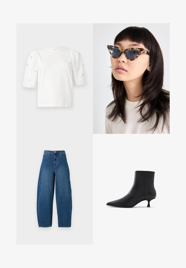 Bílý bavlněný tričko s krátkými nabíranými rukávy, zdobené malými stříbrnými detaily podél rukávů. Klasický kulatý výstřih, volný střih.; Džínové kalhoty v středně modrém praní, s vysokým pasem, širokým střihem nohavic a standardním designem pěti kapes s viditelnými švy.; ALDO EMMALIE - Kotníkové boty - black; Sluneční brýle ve stylu kočičích očí s rámem v želvovinovém vzoru a tmavými skly. Rám obsahuje kovové akcenty na stranách, což podtrhuje jejich jedinečný design.