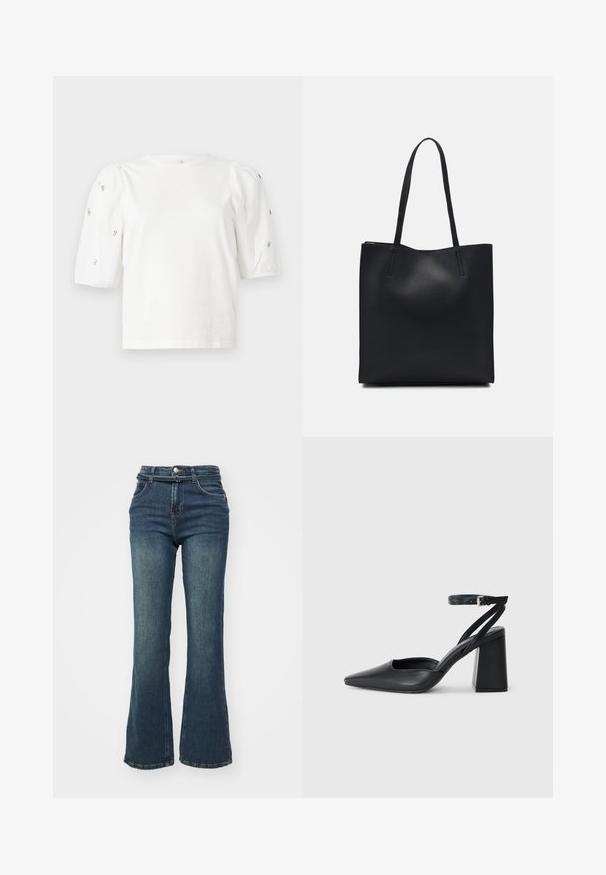 Valge puuvillane T-särk lühikeste puffkäistega, millel on väikesed hõbedased kaunistused käiste servades. Klassikaline ümmargune kaelus, vaba ja mugav lõige.; Tumedatest sinistest flared teksad kõrge vöökohaga, mis on valmistatud denimist. Omab esipockets, nööbi sulgemist ja õrna pleekimist reites.; Mustmustest must-käigukingad, millel on konksuga nöör ja paks konts. Ühtlane tekstuur, stiilne disain ja minimalistlik esteetika.; Mustast nahast kott sujuva tekstuuriga, ristkülikukujuline ja kahe pika sangaga. Pole nähtavat riistvara ega kaunistusi.