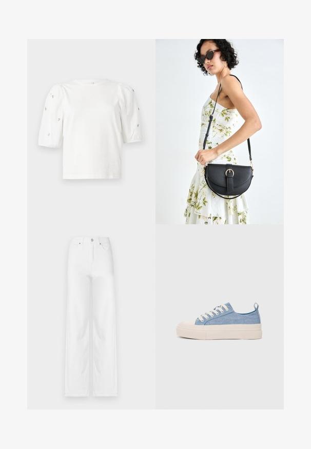 Valge puuvillane T-särk lühikeste puffkäistega, millel on väikesed hõbedased kaunistused käiste servades. Klassikaline ümmargune kaelus, vaba ja mugav lõige.; Valged laiad teksapüksid, mis on valmistatud denimist, esipaneelil nööbi sulgemisega, vöökonksudega ja nelja taskuga, millel on puhas ja sile tekstuur.; Heledad sinised kangast tennisekingad koorevärvi kummist varbakatte ja taldaga, millel on valged paelad ja tõmblukk kandadel.; Mustmust mustraha kõverate joontega, eemaldatava rihmaga ja kuldsete detailidega. Kotil on klapp, millel on pandladetail.