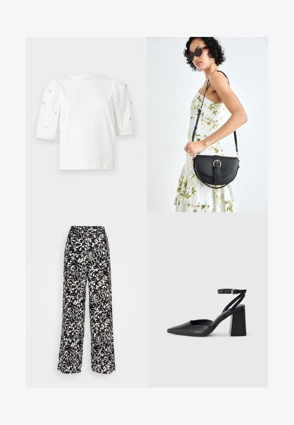 Balta medvilnės marškinėliai trumpomis pūstomis rankovėmis, papuošti mažomis sidabrinėmis detalėmis ant rankovių. Klasikinis apvalus iškirpimas, laisvas siluetas.; Plačios kojos kelnės su juodai baltu abstrakčiu raštu. Pagamintos iš lengvo audinio su sklandžiu paviršiumi ir aukštu liemeniu.; Juoda odinė smailiagalė aukštakulnio bateliai su kulkšnies dirželiu ir storu kulnu. Lygus paviršius, elegantiškas dizainas ir minimalistiška estetinė. ; Juodas odinis krepšys su išlenkta forma, nuimamu dirželiu ir auksiniais detalėmis. Krepšys turi kilpą su sagtimi.