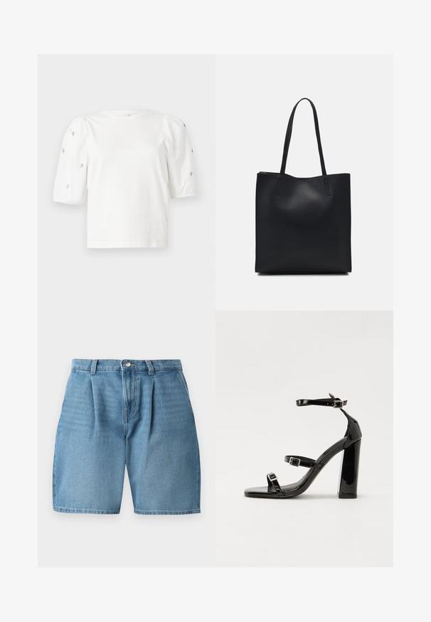 Balta medvilnės marškinėliai trumpomis pūstomis rankovėmis, papuošti mažomis sidabrinėmis detalėmis ant rankovių. Klasikinis apvalus iškirpimas, laisvas siluetas.; Šviesiai mėlynos džinsinės šortai su priekine raukšle, mygtuko uždarymu ir klasikiniu siuvinėjimu. Audinys turi lygų paviršių ir tiesų kirpimą.; Juoda blizgi lakuota basutė su kvadratiniu pirštu, kulkšnies dirželiais ir sidabro sagtimis. Yra tvirta blokinė kulno konstrukcija, užtikrinanti stabilumą.; Juodas odinis tote krepšys su lygia tekstūra, stačiakampio formos ir dviem ilgais rankenomis. Matomų metalinių detalių ar puošybos nėra.