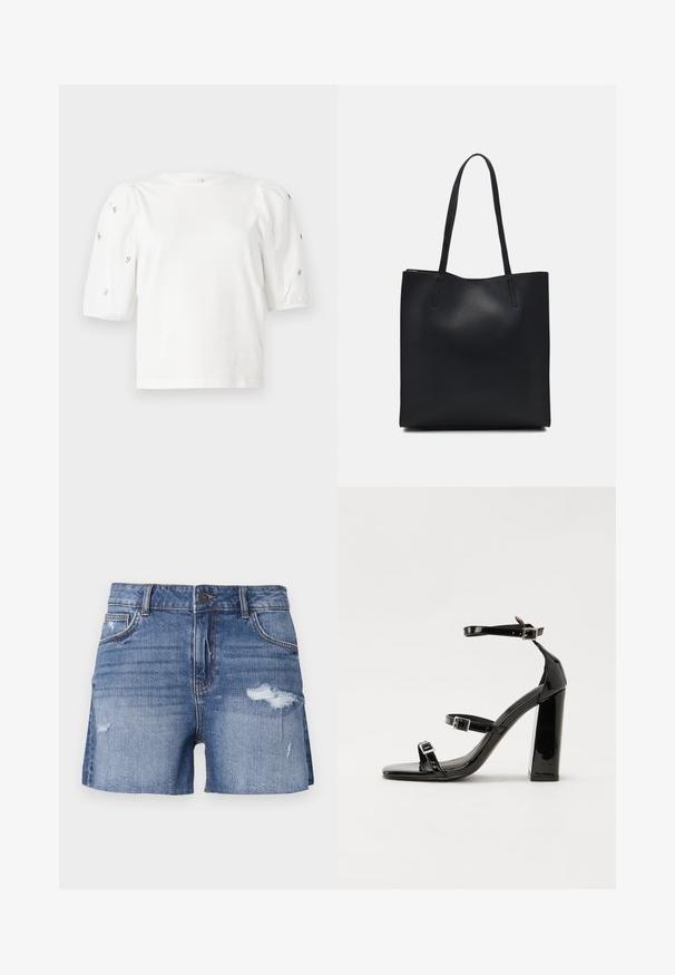 T-shirt branca de algodão com mangas puff curtas, apresentando pequenos embellissements prateados ao longo das mangas. Decote redondo clássico, corte descontraído.; Calções de ganga em azul claro com um acabamento desbotado e detalhes desgastados. Apresenta cinco bolsos e um fecho frontal por botão.; Sandálias de tacão preto laqueadas com bico quadrado, tiras para o tornozelo e fivelas prateadas. Apresentam um salto bloco chunky para estabilidade.; Bolsa tote preta em couro com textura lisa, forma retangular e duas alças longas. Sem hardware ou enfeites visíveis.