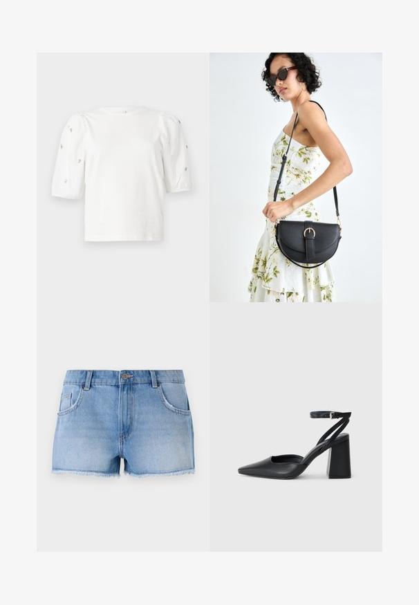 Hvit bomull T-skjorte med korte pufferm, med små sølvdekorasjoner langs ermene. Klassisk rund hals, avslappet passform.; Dongeribukser i lyseblå, med en slitt kant, fem lommer og en metallknapp for lukking i livet.; Svart lær pumps med spiss tå, ankelrem og kraftig hæl. Flat tekstur, strømlinjeformet design og minimalisme.; Svart lærveske med en buet form, avtagbar stropp og gullbeslag. Vesken har et klaff med spenne-detall.