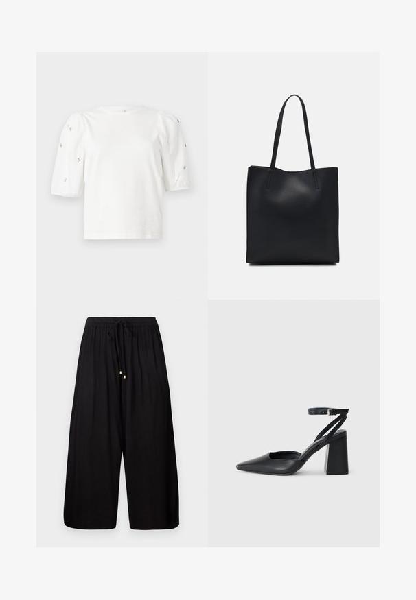 Bela bombažna majica s kratkimi rokavi s pufastimi rokavi, ki ima majhne srebrne okrase vzdolž rokavov. Klasičen okrogel izrez, sproščen kroj.; Črne široke hlače iz teksturirane tkanine. Imajo elastičen pas z vrvico in zlatimi dodatki na koncu.; Črne usnjene klasične čevlje z ostrim nosom, z zaponko za gleženj in debelim peto. Ravna tekstura, eleganten dizajn in minimalistična estetika.; Črna usnjena torba s svilnato teksturo, pravokotne oblike in dvema dolgima ročajema. Brez vidnih metalnih delov ali okrasnih elementov.