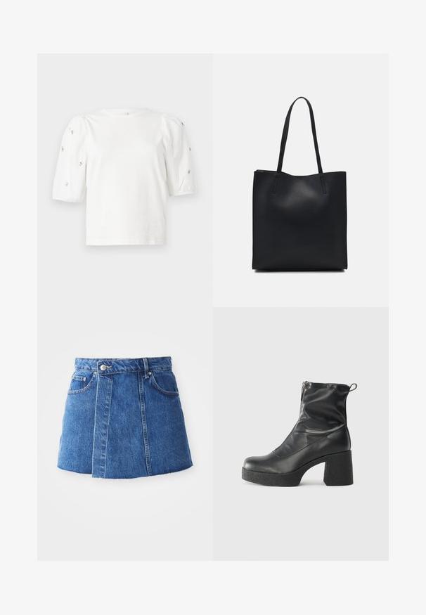 Hvit bomull T-skjorte med korte pufferm, med små sølvdekorasjoner langs ermene. Klassisk rund hals, avslappet passform.; Jeansminiskjørt i mellomblått med høy liv, front knappelukking, to lommer og en rå kant nederst.; Svarte ankelstøvler laget av glatt lær, med glidelås på siden, chunky strukturert hæl, og rund tå-design.; Svart lær tote bag med glatt tekstur, rektangulær form og to lange håndtak. Ingen synlige deler eller dekorasjoner.