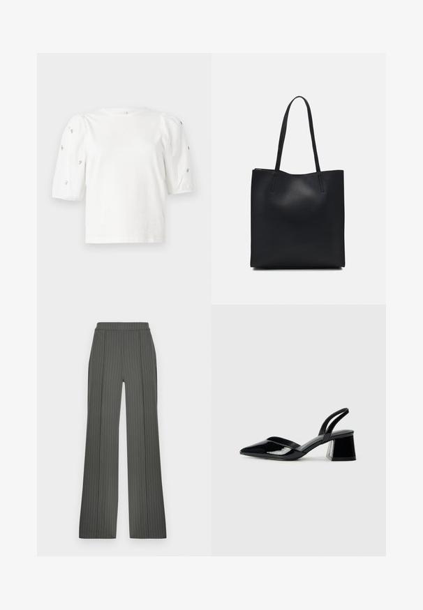 Άσπρη βαμβακερή μπλούζα με κοντά φουσκωτά μανίκια, διακοσμημένη με μικρές ασημένιες λεπτομέρειες κατά μήκος των μανικιών. Κλασική στρογγυλή λαιμόκοψη, χαλαρή εφαρμογή.; Γκρι παντελόνια με ρίγες, ψηλή μέση, φαρδιές γραμμές και λεία υφή. Διαθέτουν πλαϊνές τσέπες και κάθετες ραφές.; Μαύρα πατεντέ δερμάτινα γοβάκια slingback με μυτερή μύτη και γεωμετρικό τακούνι. Έχουν κομψό, μινιμαλιστικό σχέδιο και λεία υφή.; Μαύρη δερμάτινη τσάντα tote με λείο υφή, ορθογώνιο σχήμα και δύο μακριές λαβές. Χωρίς ορατό υλικό ή διακοσμητικά στοιχεία.