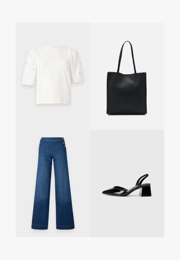 Vit bomulls t-shirt med korta puffärmar, prydd med små silverdetaljer längs ärmarna. Klassisk rund halsringning, avslappnad passform.; Vida jeansbyxor i mörkblått. Har en platt framdel med fem guldfärgade knappar som stängning. Slät textur med en klassisk finish.; Svarta lackläder slingback klackar med spetsig tå och geometrisk klack. Har en elegant, minimalistisk design och slät yta.; Svart lädertoffelväska med slät textur, rektangulär form och två långa handtag. Ingen synlig hårdvara eller dekorationer.