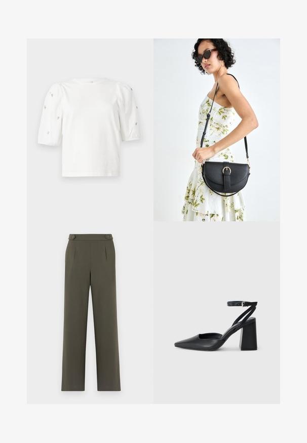 White cotton t-shirt with short puff sleeves, featuring small silver embellishments along the sleeves. Classic round neckline, relaxed fit.; Olive green trousers with a straight-leg design, featuring two buttons at the waist and front pleats for added detail.; Black leather pointy-toe pump with an ankle strap and a chunky heel. Flat texture, sleek design, and minimalistic aesthetics.; Black leather handbag with a curved shape, detachable strap, and gold hardware. The bag features a flap with a buckle detail.