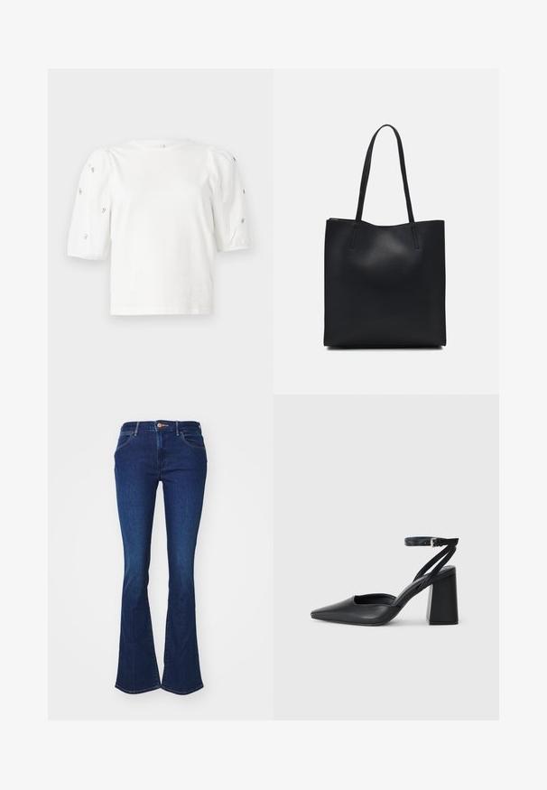 Biela bavlnená tričko s krátkymi volánovými rukávmi, zdobené malými striebornými ozdobami pozdĺž rukávov. Klasický okrúhly výstrih, voľný strih.; Tmavomodré riflové nohavice s rozšírenými nohavicami, priliehavým pásom, zapínaním na gombík a jemným vyblednutím. Viditeľné kontrastné stehy pozdĺž švov.; Čierne kožené lodičky s špicatou špičkou a členkovým remienkom, s masívnym podpätkom. Hladký povrch, elegantný dizajn a minimalistická estetika.; Čierna kožená taška na rameno s hladkým povrchom, obdĺžnikovým tvarom a dvoma dlhými uchami. Bez viditeľného kovania alebo ozdôb.