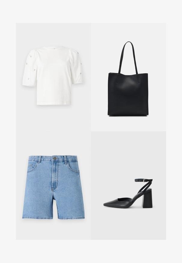 Bijela pamučna majica s kratkim puf rukavima, s malim srebrnim ukrasima duž rukava. Klasičan okrugli izrez, opušteni kroj.; Svijetloplavi traper šorts s visokim strukom, pet džepova i jednim metalnim gumbom za zatvaranje sprijeda. Glatka tekstura, ravni kroj.; Crne kožne cipele s špicastim vrhom, remenom oko gležnja i debelim potplatom. Ravna tekstura, elegantan dizajn i minimalistička estetika.; Crna kožna torba za nošenje s glatkom teksturom, pravokutnim oblikom i dvije duge ručke. Nema vidljivih metalnih dijelova ili ukrasa.