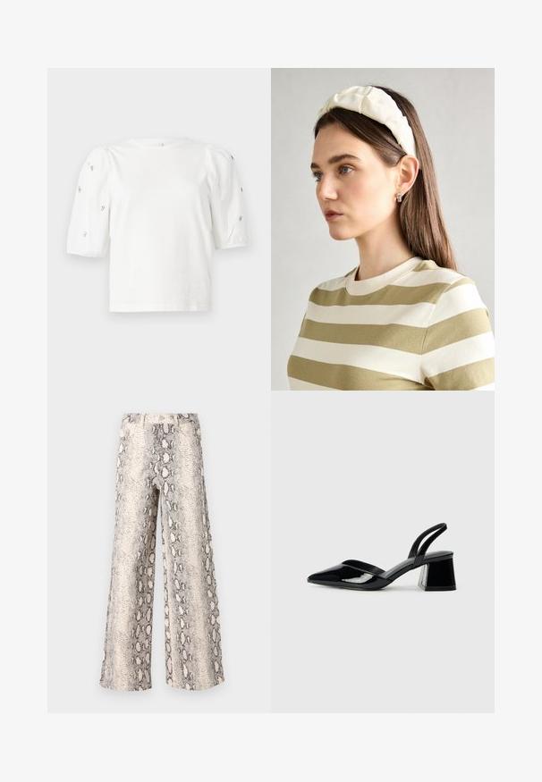 White cotton t-shirt with short puff sleeves, featuring small silver embellishments along the sleeves. Classic round neckline, relaxed fit.; Wide-leg pants in a snake print pattern, featuring a cream and gray color scheme, made from textured fabric with a high-waisted design.; Black patent leather slingback heels with a pointed toe and a geometric block heel. Features a sleek, minimal design and smooth texture.; Cream padded headband with twisted design, paired with a beige and white striped shirt featuring a round neckline. Subtle jewelry accents.