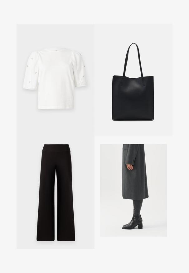 Camiseta de algodón blanca con mangas cortas tipo globo, que presenta pequeños adornos plateados en las mangas. Cuello redondo clásico, corte holgado.; Pantalones de pierna ancha negros con una cinturilla suave, hechos de un material suave. Presentan un ajuste holgado y detalles de costura mínimos.; Abrigo gris, entallado y de corte recto; combinado con botas de cuero negras hasta la rodilla que tienen punta cuadrada y tacón grueso.; Bolso tote de cuero negro con textura lisa, forma rectangular y dos asas largas. Sin herrajes ni adornos visibles.