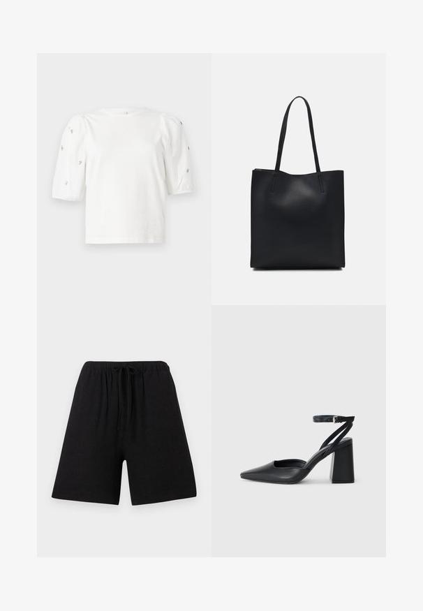 Biela bavlnená tričko s krátkymi volánovými rukávmi, zdobené malými striebornými ozdobami pozdĺž rukávov. Klasický okrúhly výstrih, voľný strih.; Čierne ľanové šortky s elastickým pásom a šnúrkou na stiahnutie. Priame strih, po kolená, textúrovaná tkanina, bez viditeľných vzorov alebo akcentov.; Čierne kožené lodičky s špicatou špičkou a členkovým remienkom, s masívnym podpätkom. Hladký povrch, elegantný dizajn a minimalistická estetika.; Čierna kožená taška na rameno s hladkým povrchom, obdĺžnikovým tvarom a dvoma dlhými uchami. Bez viditeľného kovania alebo ozdôb.
