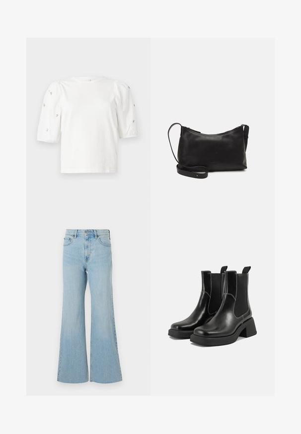 Biela bavlnená tričko s krátkymi volánovými rukávmi, zdobené malými striebornými ozdobami pozdĺž rukávov. Klasický okrúhly výstrih, voľný strih.; Svetlomodré rifľové nohavice s rozšírenými nohavicami a vysokým pásom, s klasickým zapínaním na gombík a zips, a s miernym poškodením látky.; Čierne kožené Chelsea čižmy s robustným podpätkom, elastickými bočnými panelmi a kontrastným bielym prešívaním. Textúrovaný povrch.; Čierna kožená ramenná taška s hladkou textúrou, zakriveným tvarom, nastaviteľným popruhom a zipsom. Minimalistický dizajn bez ozdôb.