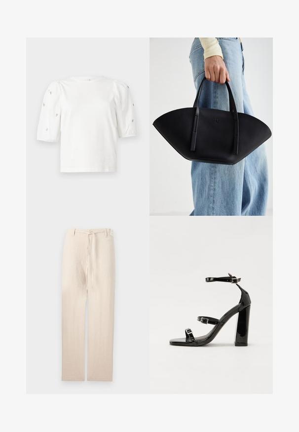 Bela bombažna majica s kratkimi rokavi s pufastimi rokavi, ki ima majhne srebrne okrase vzdolž rokavov. Klasičen okrogel izrez, sproščen kroj.; Beige lanene hlače s ravnim krojem, ki vključujejo gumb za zapiranje in tkaninsko vezavo v pasu, kar daje lahkoten in teksturiran videz.; Črne lakirane sandale s peto, kvadratnim prstom, trakovi okrog gležnja in srebrnimi zaponkami. Opremljene so s stabilno Debelo peto.; Črna usnjena torbica z edinstveno obliko ventilatorja, z ravnimi ročaji. Površina ima teksturo z drobnimi kamni in minimalističen dizajn.