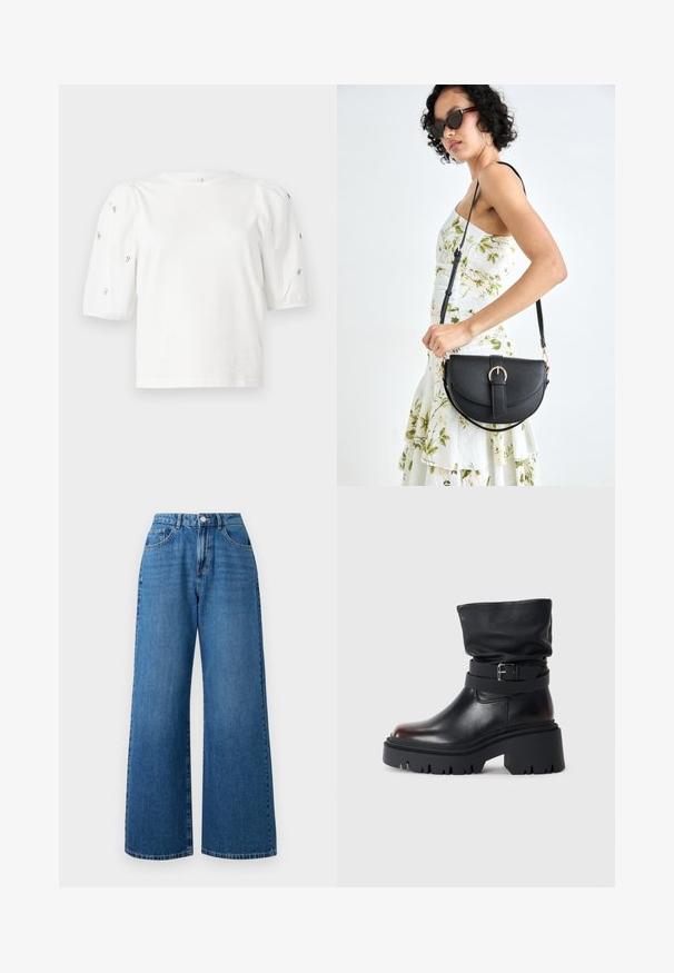 Balta medvilnės marškinėliai trumpomis pūstomis rankovėmis, papuošti mažomis sidabrinėmis detalėmis ant rankovių. Klasikinis apvalus iškirpimas, laisvas siluetas.; Platus blue denim džinsai su aukšta juosmena, turintys penkių kišenių dizainą, priekinį mygtuką ir subtilų audinio nudėvėjimą.; Juodas odinis kulkšninis botas su laisva viršūne, sagtimi ir storu, tvirtu padu. Yra apvalus pirštas ir lygus paviršius.; Juodas odinis krepšys su išlenkta forma, nuimamu dirželiu ir auksiniais detalėmis. Krepšys turi kilpą su sagtimi.