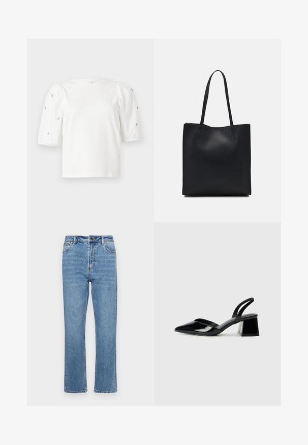 Bijela pamučna majica s kratkim puf rukavima, s malim srebrnim ukrasima duž rukava. Klasičan okrugli izrez, opušteni kroj.; Svijetloplave traperice s ravnim krojem, dizajn s pet džepova, prednje kopčanje na gumb i suptilno izbljeđivanje na tkanini.; Crne lakirane kožne sandale s otvorenom petom i špicastim vrhom, s geometrijskom blok petom. Imaju elegantan, minimalistički dizajn i glatku teksturu.; Crna kožna torba za nošenje s glatkom teksturom, pravokutnim oblikom i dvije duge ručke. Nema vidljivih metalnih dijelova ili ukrasa.