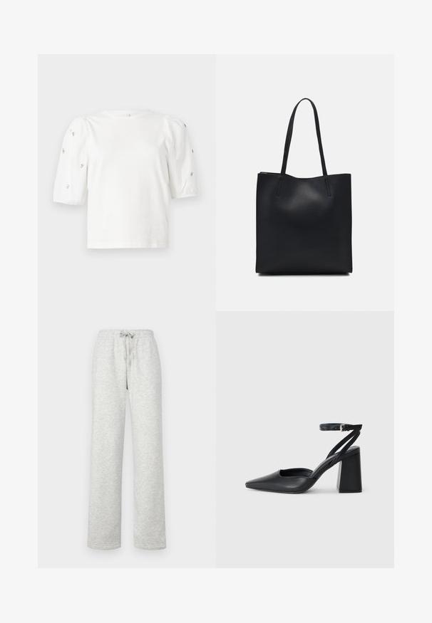 White cotton t-shirt with short puff sleeves, featuring small silver embellishments along the sleeves. Classic round neckline, relaxed fit.; Gina Tricot Tall BASIC STRAIGHT - Tracksuit bottoms - grey; Black leather pointy-toe pump with an ankle strap and a chunky heel. Flat texture, sleek design, and minimalistic aesthetics.; Black leather tote bag with smooth texture, rectangular shape, and two long handles. No visible hardware or embellishments.