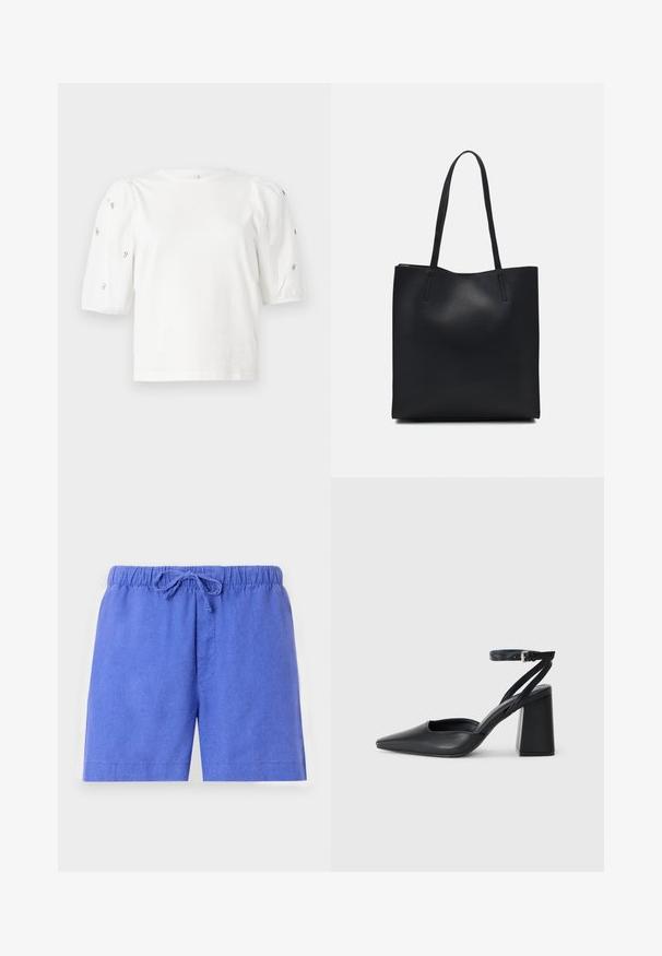 T-shirt bianco in cotone con maniche corte a sbuffo, caratterizzato da piccoli dettagli argento lungo le maniche. Collo rotondo classico, vestibilità comoda.; Pantaloni corti blu realizzati in un tessuto leggero, dotati di una vita elastica con lacci e una tasca frontale.; Pump in pelle nera con punta affusolata, cinturino alla caviglia e tacco spesso. Texture piatta, design elegante ed estetica minimalista.; Borsa tote in pelle nera con texture liscia, forma rettangolare e due manici lunghi. Nessun hardware o decorazione visibile.
