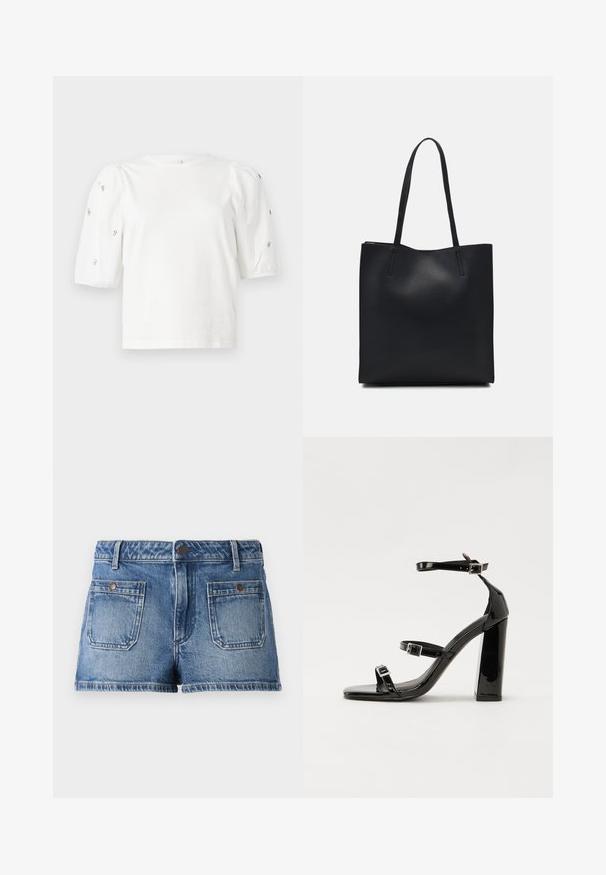 Bela bombažna majica s kratkimi rokavi s pufastimi rokavi, ki ima majhne srebrne okrase vzdolž rokavov. Klasičen okrogel izrez, sproščen kroj.; Denimske kratke hlače v svetlo modri barvi z izbledelim zaključkom, pet žepni dizajn, dva sprednja žepa, dva zadnja žepa in zapenjanje z gumbi.; Črne lakirane sandale s peto, kvadratnim prstom, trakovi okrog gležnja in srebrnimi zaponkami. Opremljene so s stabilno Debelo peto.; Črna usnjena torba s svilnato teksturo, pravokotne oblike in dvema dolgima ročajema. Brez vidnih metalnih delov ali okrasnih elementov.